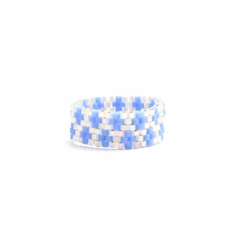 Bague Perle Rocaille Fantaisie Fleurs Bleues