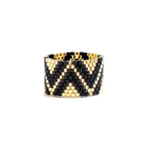 Bague Perle Rocaille Fantaisie Noire Dore