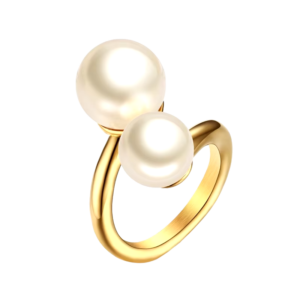 Bague double perle dorée en acier inoxydable