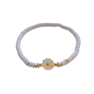 Bracelet perles Heishi blanches avec fleur