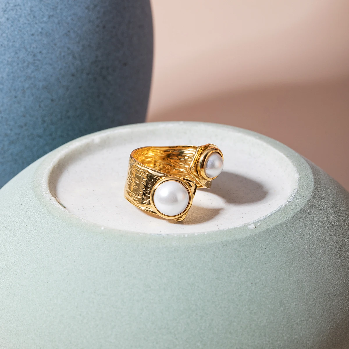 Bague double perles dorée irrégulière