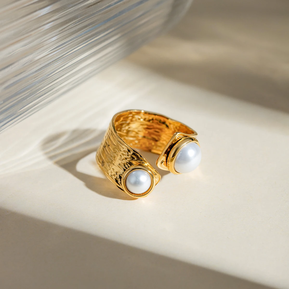 Bague double perles dorée irrégulière