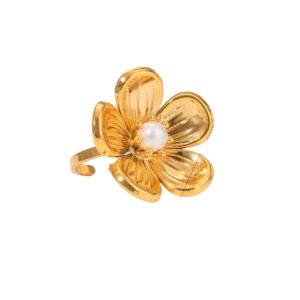 Bague fleur dorée avec perle blanche ajustable