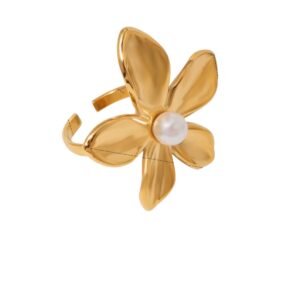 Bague fleur dorée avec perle blanche ajustable vintage