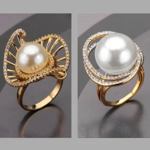 Bague fleur dorée avec perle noire