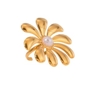 Bague large fleur dorée avec perle blanche ajustable
