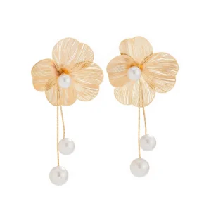 Boucles d'oreilles fleurs dorées avec perles pendantes