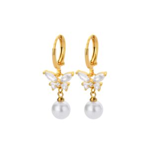 Boucles d'oreilles papillon dorées avec perles blanches