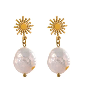Boucles d'oreilles perles plates blanches avec soleils dorés