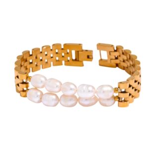 Bracelet doré à fermoir avec perles blanches