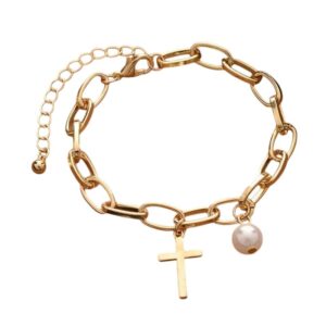 Bracelet perle doré avec croix