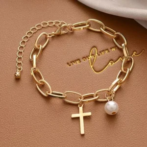 Bracelet perle doré avec croix