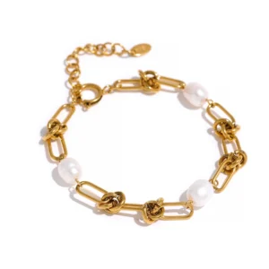 Bracelet perles doré avec chaînes et noeuds