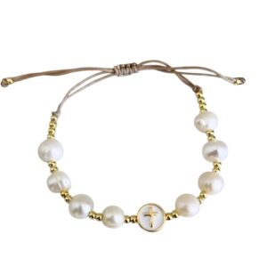 Bracelet perles doré avec croix ajustable