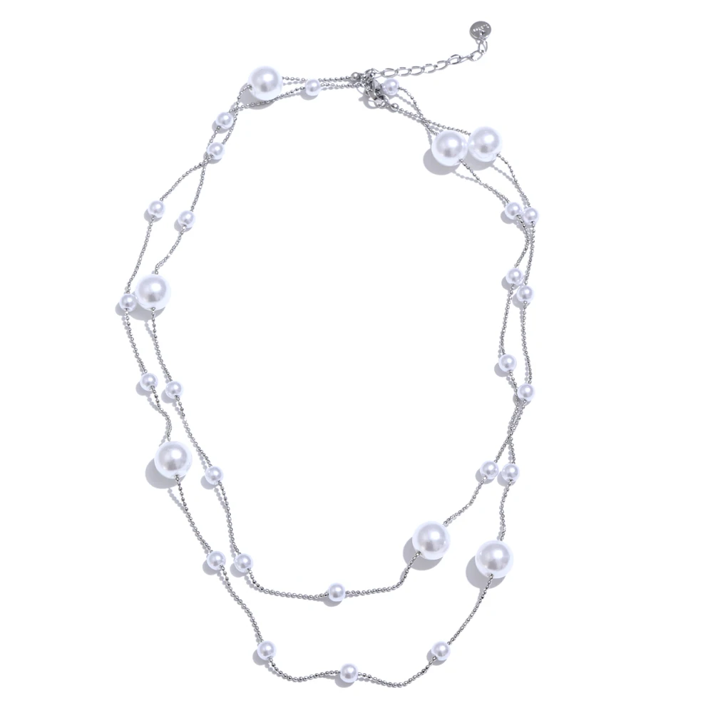 Collier 2 rangs argenté avec perles multiples blanches
