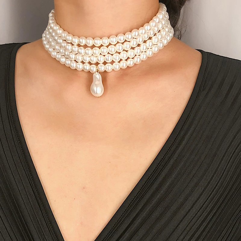 Collier perles blanches 4 rangs ras de cou doré