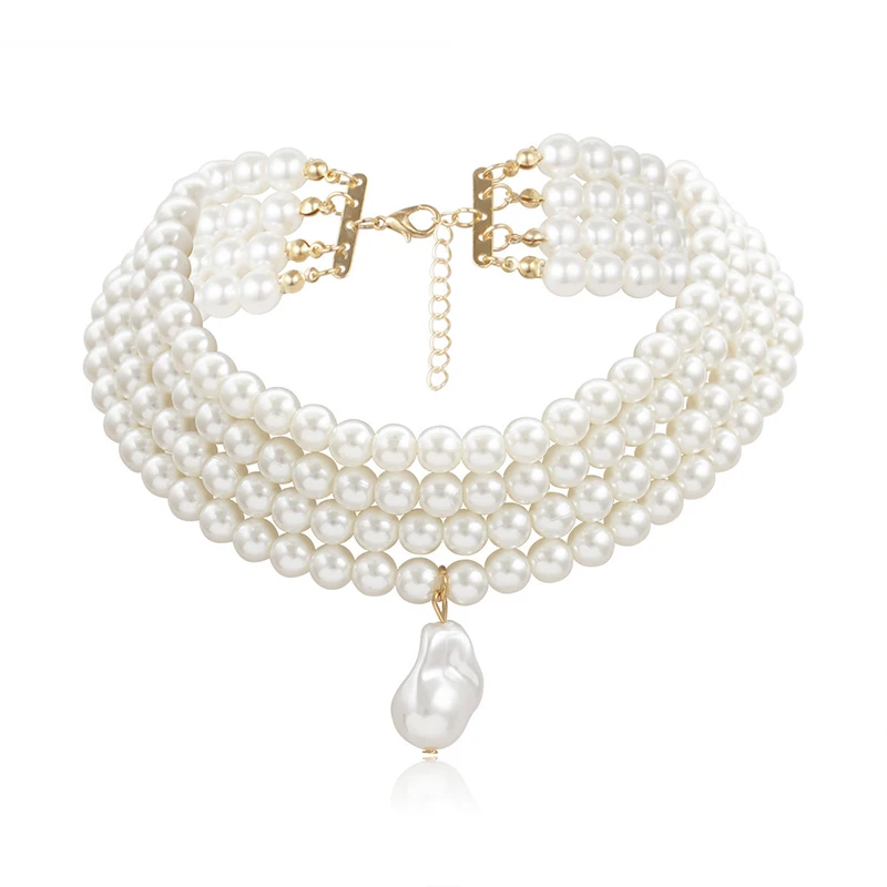 Collier perles blanches 4 rangs ras de cou doré