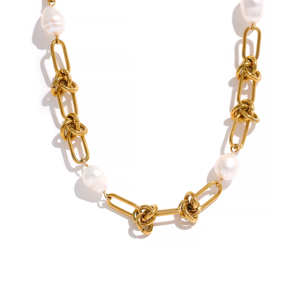 Collier perles doré avec chaînes et noeuds
