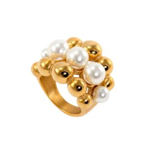 Bague à multiples perles blanches et dorées