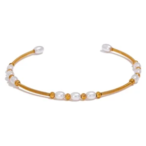 Jonc doré fin avec perles blanches