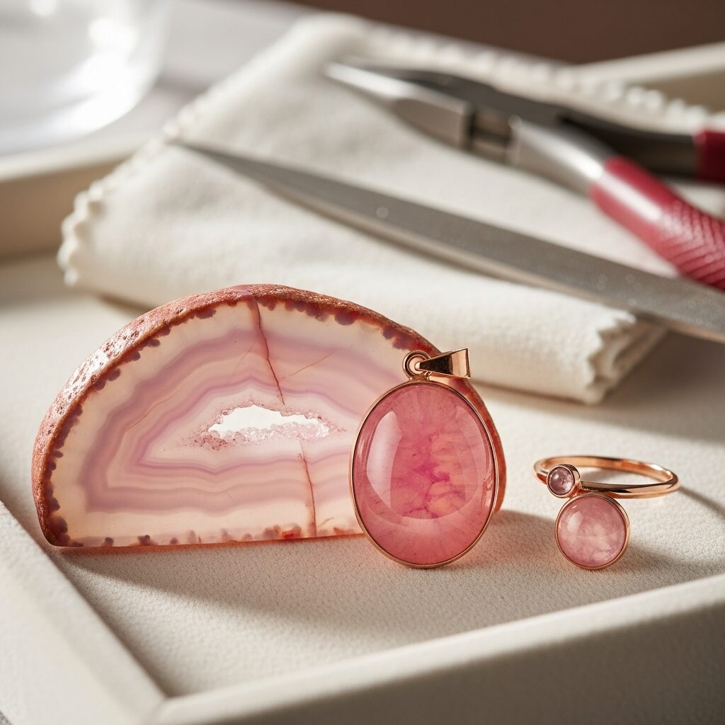 agate rose : pierre fine naturelle aux nuances rosées, symbole douceur et équilibre. Découvrez ses teintes subtiles et montures idéales pour des bijoux élégants, et nos conseils d’entretien pour préserver son éclat. Inspiration et savoir-faire artisanal pour des créations intemporelles.
