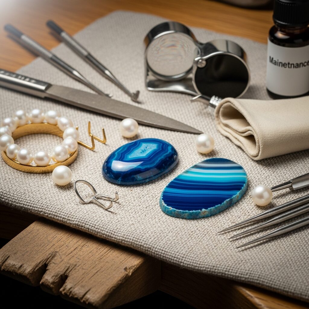 Découvrez l'agate bleu, pierre semi-précieuse aux nuances profondes et à la lumière apaisante. Origines, choix des coupes, montures et entretien pour sublimer vos bijoux. Un regard raffiné et pédagogique, en harmonie avec l'univers des perles et du savoir-faire artisanal.