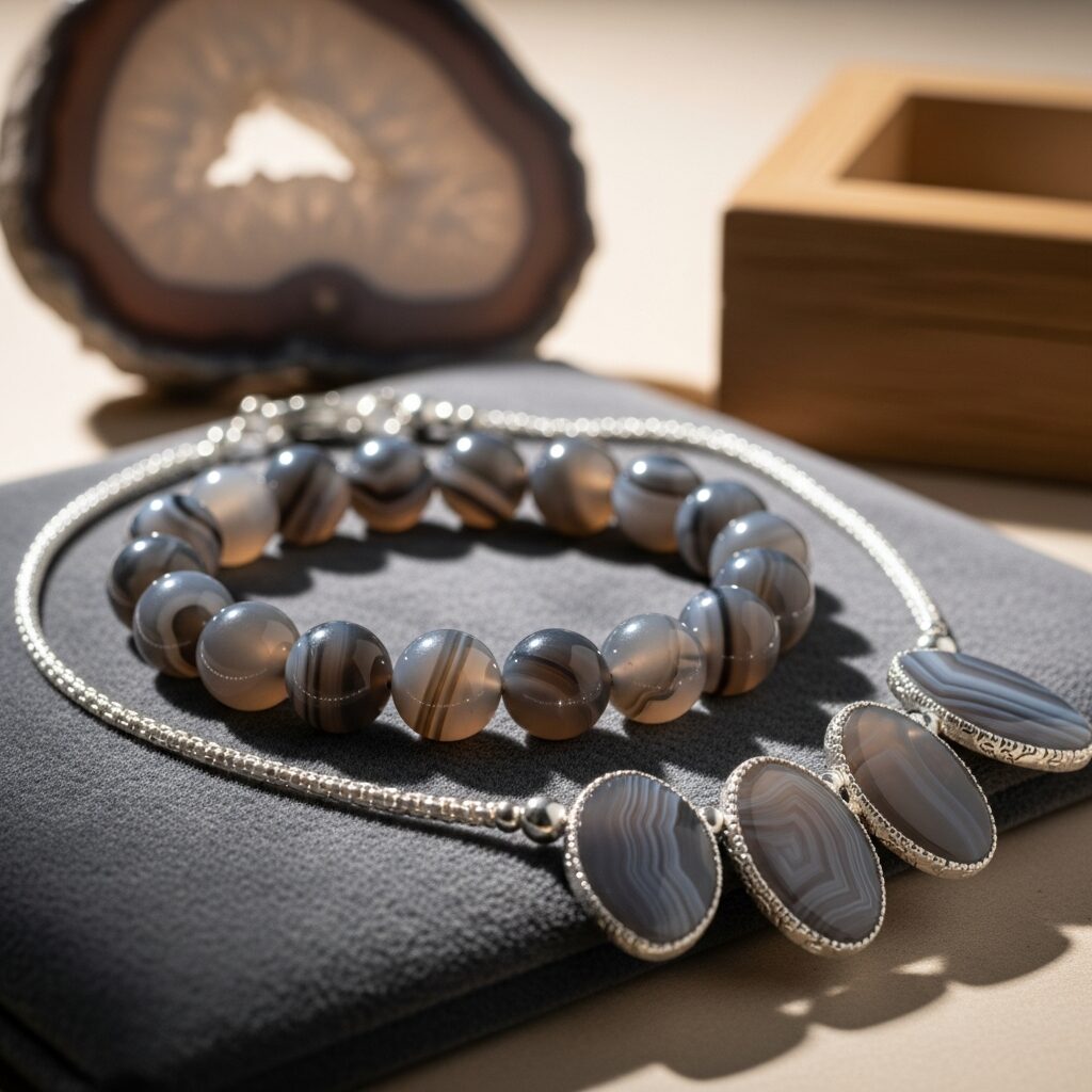 Agate gris : pierre naturelle d’élégance discrète, aux nuances marbrées et à la brillance satinée. Découvrez ses origines, son entretien facilité et comment l'agate gris sublime bracelets et colliers avec une touche de sophistication intemporelle.